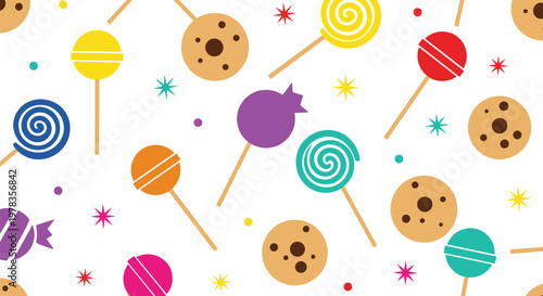 A festive and colorful seamless pattern of assorted candies including lollipops wrapped sweets and cookies on a white background.
