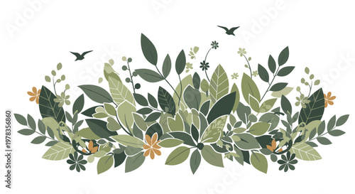 A beautiful botanical arrangement of lush green leaves delicate flowers and small birds creating a serene nature-inspired composition.