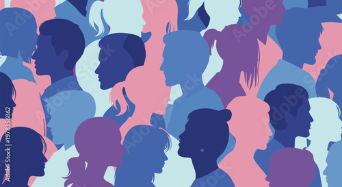 Seamless pattern of diverse and colorful overlapping people silhouettes in profile representing a multicultural global community.