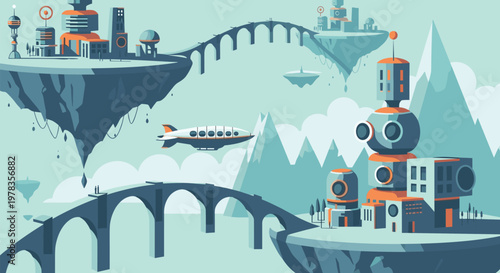 A fantastical vector landscape of a futuristic city built on floating islands connected by bridges with an airship flying by.