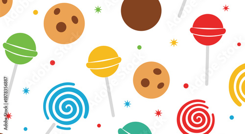 A bright and cheerful seamless pattern with a variety of colorful sweets including lollipops chocolate cookies and candies.