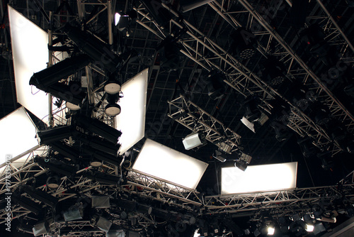 Professional Lighting Equipment Setup On A Frame Rails In Video Production Studio Stock Photo  
