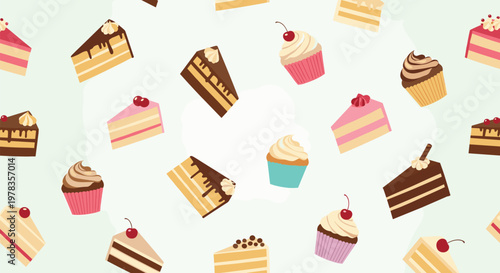 A delightful seamless pattern of assorted cake slices and cupcakes with frosting and cherries scattered on a light background.