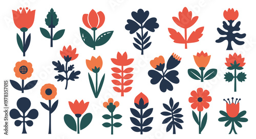 A beautiful set of colorful and stylized folk art flowers and leaves with a charming handcrafted feel for creative projects.