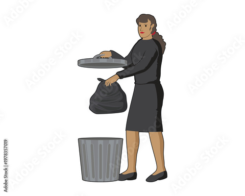 Vector illustration design of a woman dressed in black seen throwing away a black plastic trash bag in a gray metal trash can
