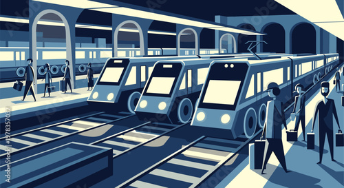 A monochromatic vector illustration of a modern train station with passengers waiting on the platform for their departure.