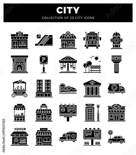 City icons collection with buildings. transport and street elements.