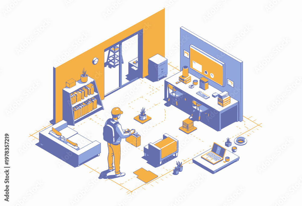 Fototapeta premium Remote Work Setup in a Modern Office Space with Fully Equipped Workstations, Comfortable Lounge Area, and Individual Packaging for Efficient Home-Based Tasks