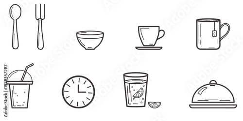Fast food restaurant icons. Vector illustration. Simple illustrations of snacks and coffee, chicken legs and shawarma, croissants and tea. Pictograms and infographics for mobile applications.