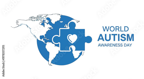 World autism awareness day illustration featuring a puzzle piece over a world map