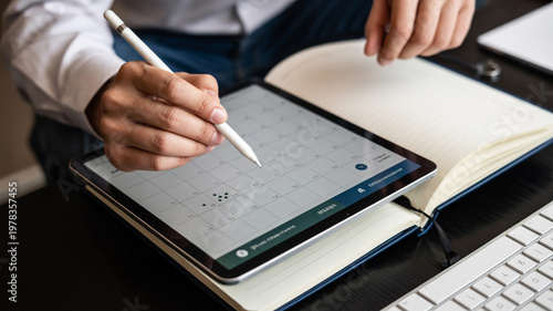 A closeup of a businessman's hand using a pen to write a signature on a paper document or notebook at an office desk during a finance meeting