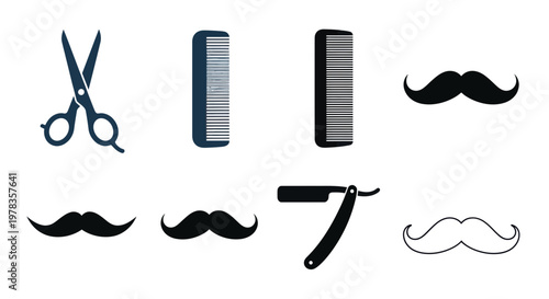 Barber Tools Icons: Scissors, Combs, Mustache, Straight Razor Set