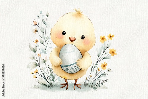 A cartoon chick stands happily while holding a decorated egg. Surrounding the chick are small flowers and green plants. The scene is bright and colorful, showcasing a joyful moment in nature