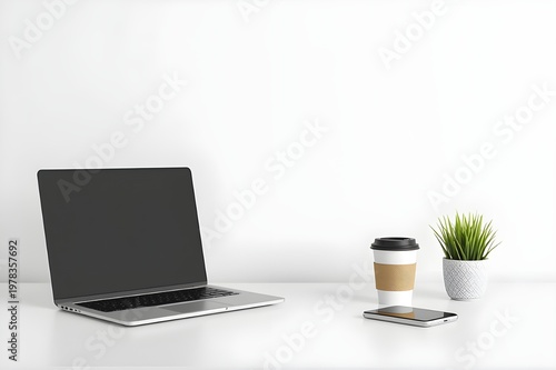 Minimal Workspace with Laptop, Coffee Cup and Smartphone on Clean White Desk Modern Office Setup