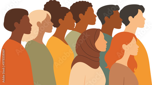 Multicultural people standing together in row representing diversity inclusion and global community flat vector illustration.