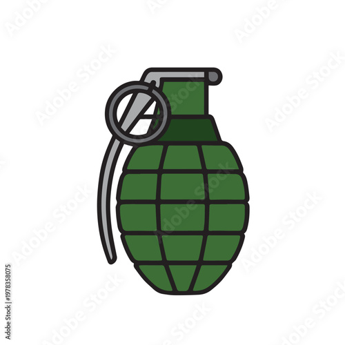 A vector icon of a green grenade, designed with simple shapes and clean lines, representing tactical equipment in a bold and minimal illustration style.