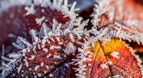 Frosty Leaves with Ice Crystals on Colorful Autumn Foliage