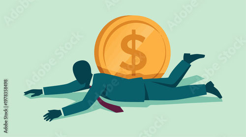 Financial Pressure: Businessman Pinned Down by a Giant Dollar Coin