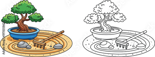 Miniature Zen Garden with Bonsai Tree Rake and Rocks Cartoon Illustration
