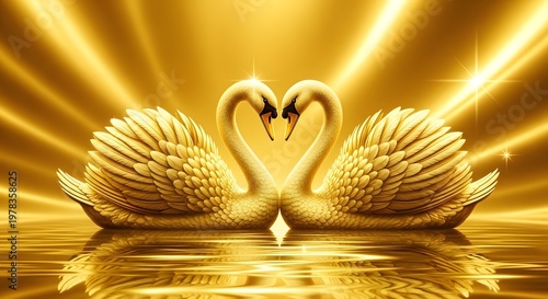 Romantic Scene with Two Golden Swans Together