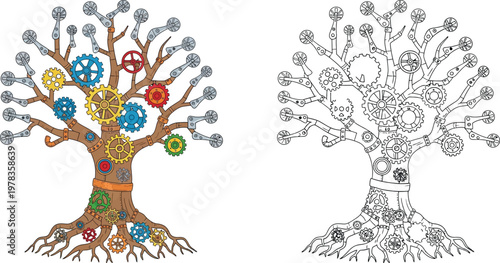 Steampunk Tree with Colorful Gears and Mechanical Branches Intricate Fantasy Illustration