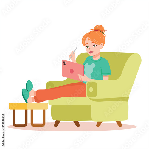 Young woman working on tablet at home freelance remote work lifestyle