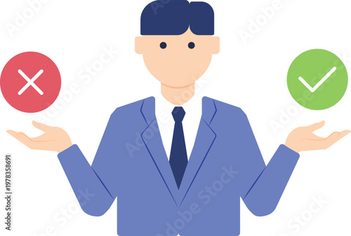 Businessman Making a Decision Between Right and Wrong Options Flat Vector Illustration