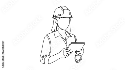 Female worker with hard hat and tablet. Continuous line style. Hand drawn. Line art. Vector design. illustrations