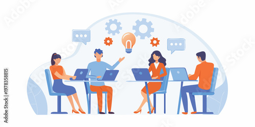 Team collaborating on ideas within a bright conceptual lightbulb shape