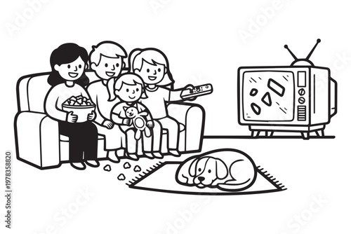Happy Family Movie Night at Home Watching Film Together on Sofa with Popcorn – Cozy Lifestyle Illustration for Parenting, Entertainment, and Home Activity Content