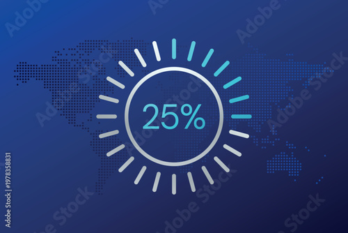 25 percent circle chart symbol. Vector infographic sign. Dotted World Map background. Illustration for business, finance, report, web design, presentation, market share