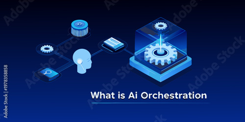 Ai orchestration concept illustrated with gears circuits and a human profile
