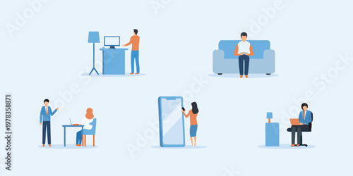 People interacting with technology in a modern minimalist setting