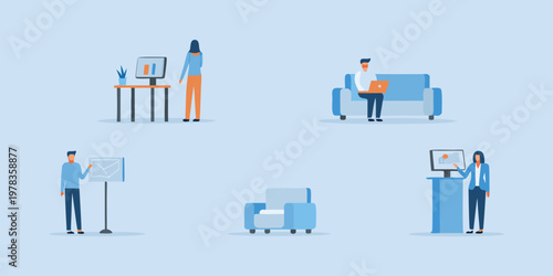 Modern office workers collaborating in a bright minimalist workspace scene