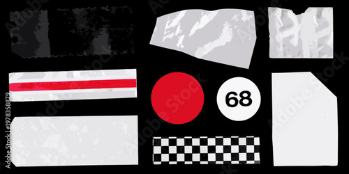 Abstract arrangement of geometric shapes and textures on a black background