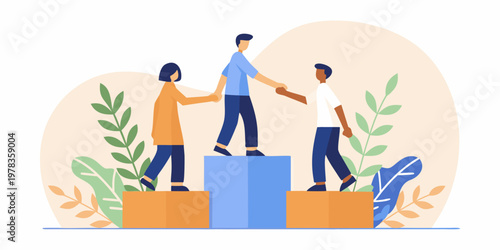 Teamwork and support three people helping each other climb blocks