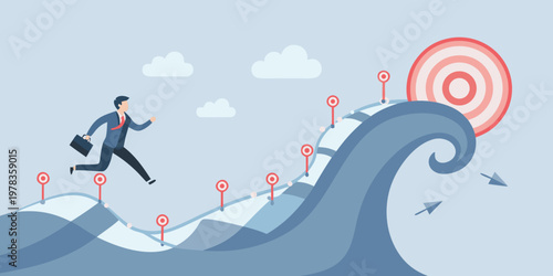 Business professional navigates challenges striving for success and hitting targets