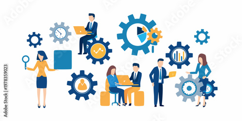 Teamwork and business solutions illustrated with gears and data visualizations