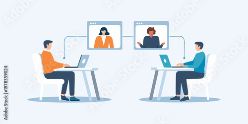 Two people participating in a virtual meeting with two remote colleagues