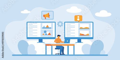 Person working at a desk with multiple computer screens displaying data