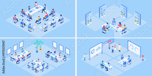 Isometric illustration of modern office spaces with people collaborating