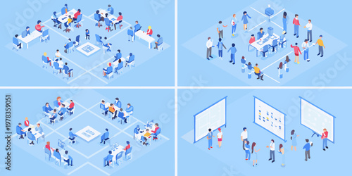 Isometric illustration depicting office scenes with people collaborating and presenting