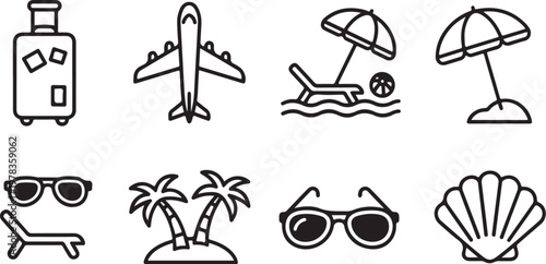 Vector illustration of travel and vacation icons including luggage, plane, beach symbols