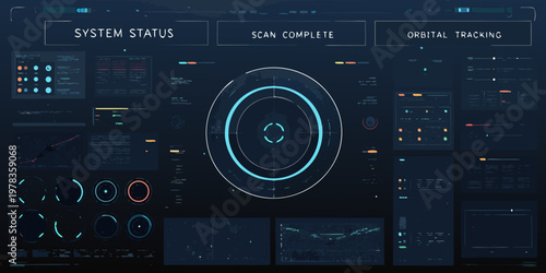 Futuristic system status display with orbital tracking and scan data visualization
