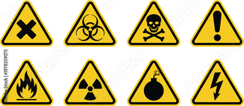 Danger warning sign icon set, collection of poison toxic biohazard caution symbols including skull chemical hazard yellow triangle vector illustration for safety and alert design.