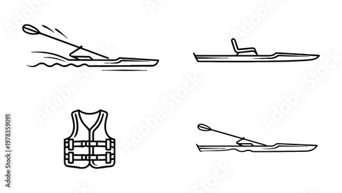 Kayaking Icons: A set of minimalistic vector illustrations showcasing various aspects of kayaking, inviting viewers to explore the joys of the water.