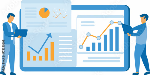 Team analyzes data and charts on a large digital tablet