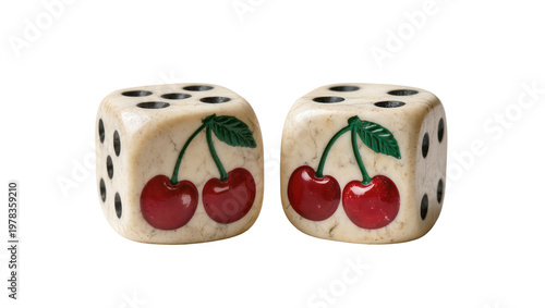 Two ivory dice with cherry symbols, isolated on transparent background