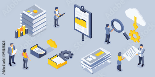 Data analysis and management illustrated with isometric figures and objects