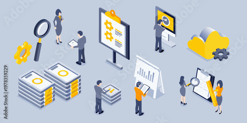 Isometric illustration depicting data analysis business strategy and teamwork